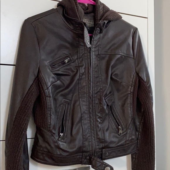 Brown Leather Hooded Jacket w/ Sweater Material - Picture 11 of 11